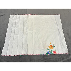 7 Vintage Floral Hand Embroidery Appliqué Cotton Guest Towels Scalloped Edge